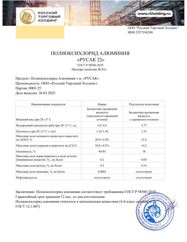 Паспорт качества Русак 22